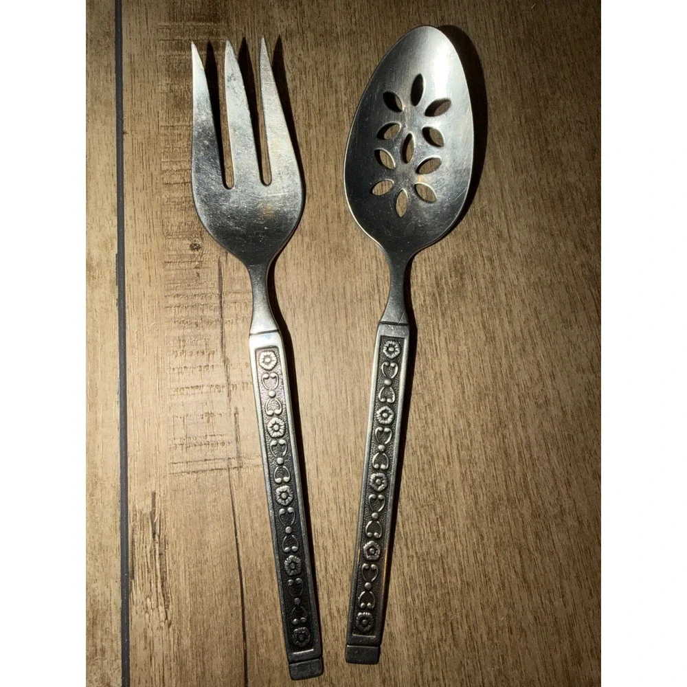 Gorham Flowerette Stainless Salad Serving Set Fork and Slotted Spoon Vintage